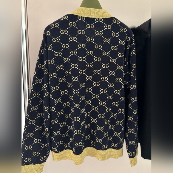 Gucci Navy blue and gold GG Cotton Lame Cardigan Size S - Picture 2 of 8